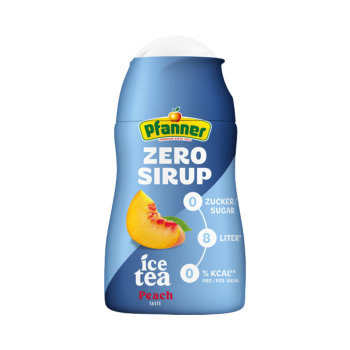 Pfanner ZERO Sirup Ice Tea Pfirsich, 1:140 verdünnbar, ergibt ca. 8 Liter, 57ml Produktbild, Vorderseite der Verpackung